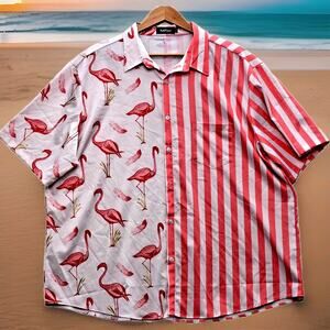 VatPave Men's Shirt XXL Pink Flamingo Stripe Short Sleeve Button Up Tropical